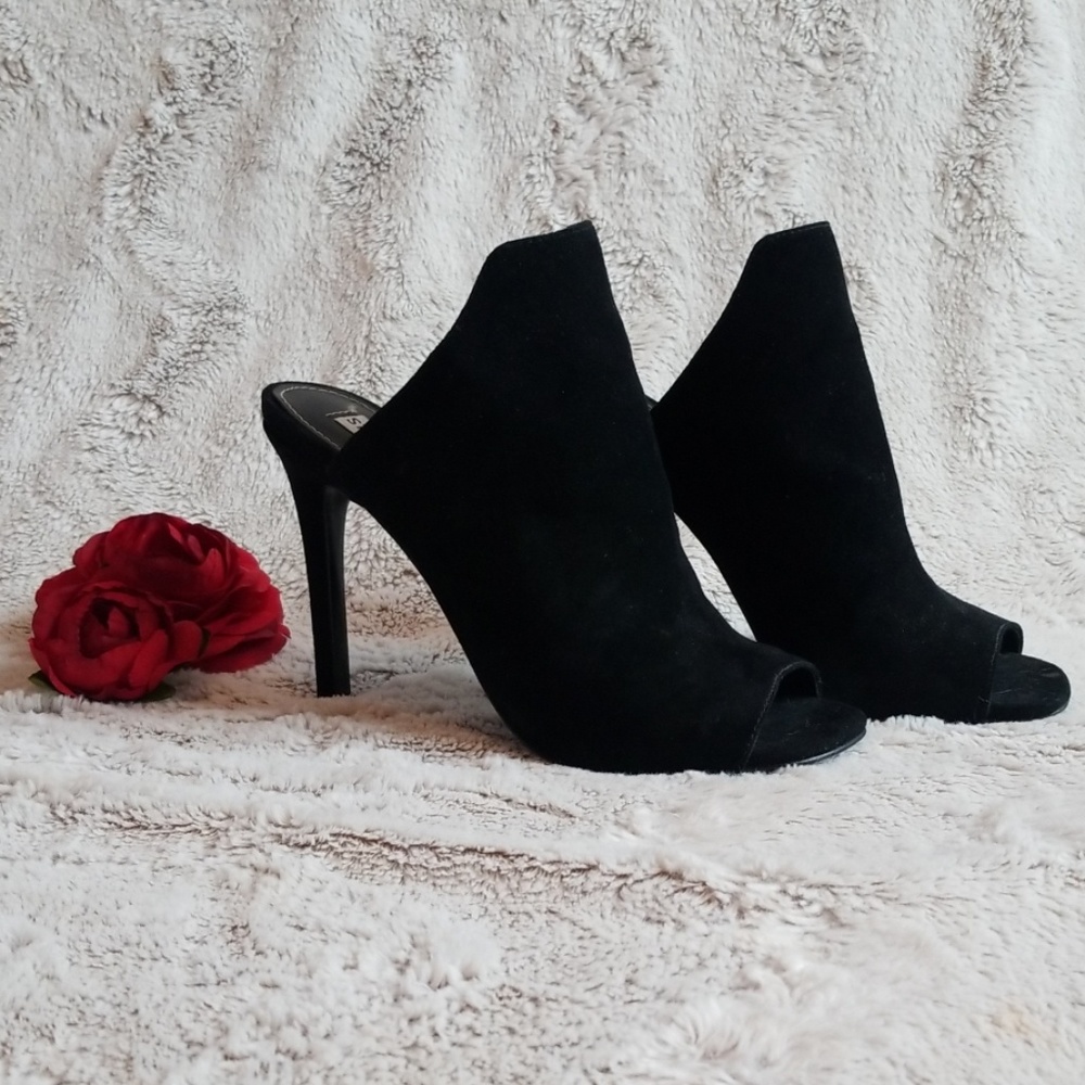 Black suede high heel open toe mule
